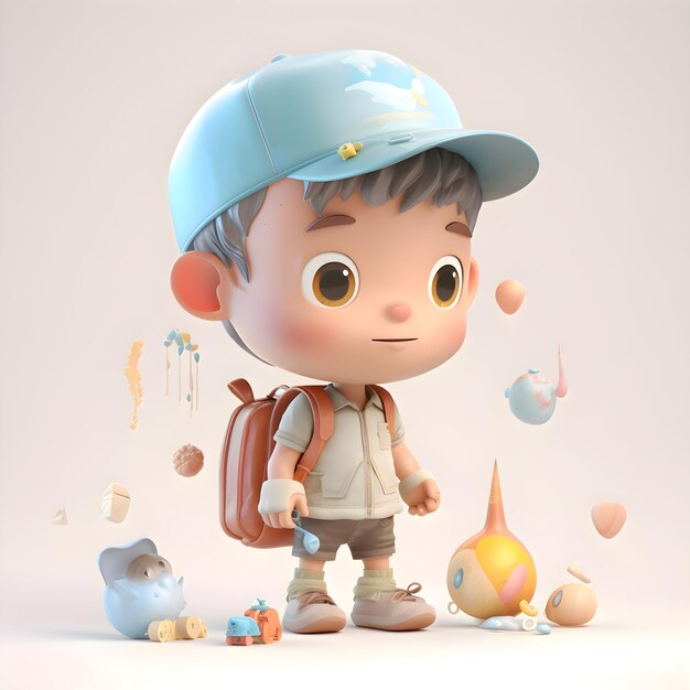 3D illustration of a cute little boy with a backpack and toys