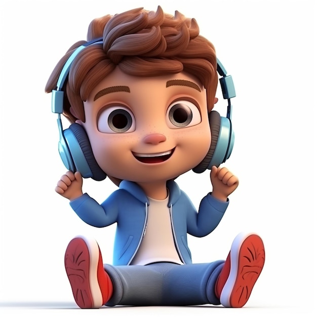 3D-иллюстрация милого маленького мальчика с наушниками, слушающего музыку