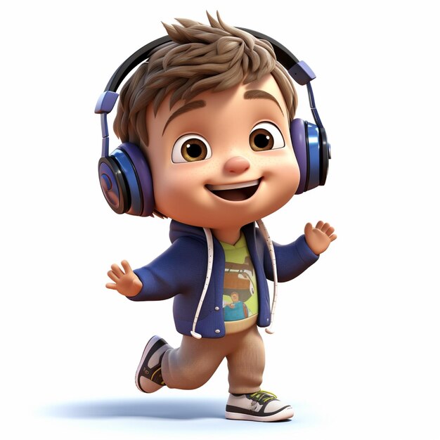 3D illustration of a cute little boy with headphones listening to music