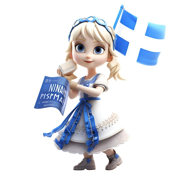 3d illustration of a cute little girl in dirndl holding the flag of Finland