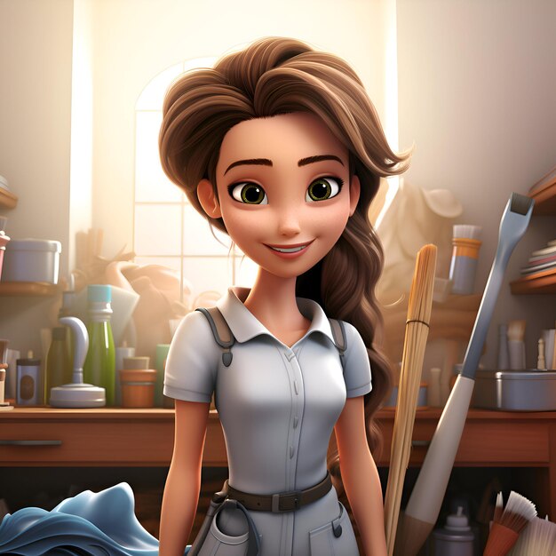 3d illustration of a cute little girl painter in her studio