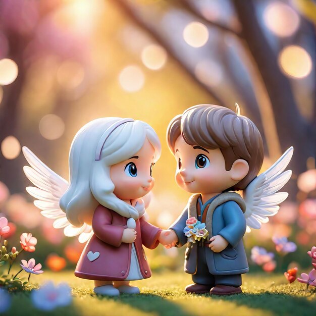 3D illustration a cute little girl in a white dress with her wings in the forest 3D illustra