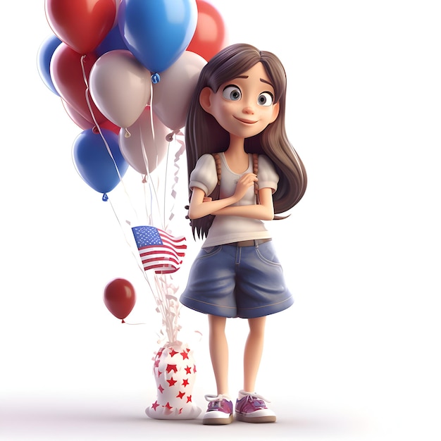 風船とアメリカ国旗を持つかわいい女の子の 3 D イラストレーション