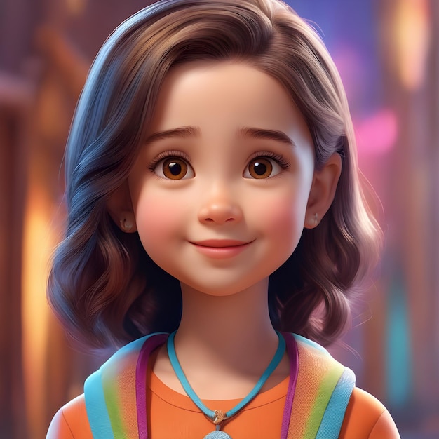 Photo 3d illustration of a cute little girl with long hair in an orange shirtjpg