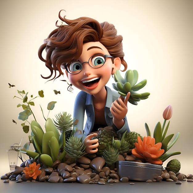 Photo 3d illustration of a cute little girl with succulent plants