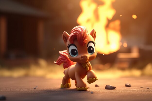 3d illustration of a cute little unicorn with fire in the forest