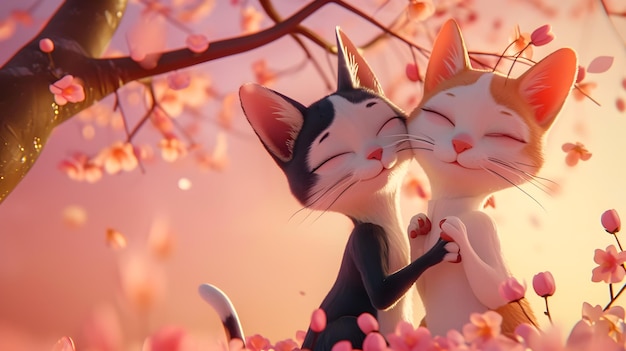 Photo 3d illustration of a cute loving couple of cats