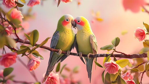 Foto illustrazione 3d di una bella coppia di pappagalli innamorati