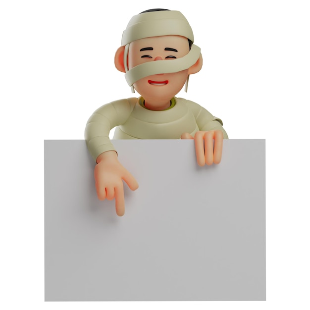3D illustration Cute Mummy 3D character with spiky hands on white paper standing in front of a big