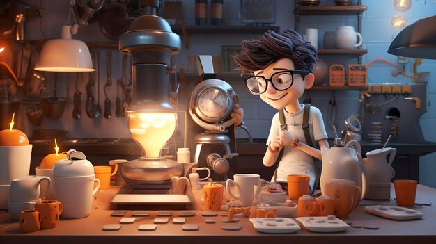 3D illustration of a cute robot barista in a coffee shop surrounded by coffeemaking equipment