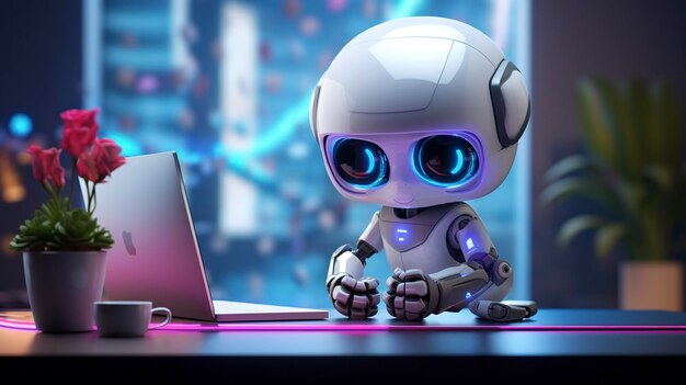 3D illustration of a cute robot with headphones on a computer screen