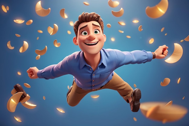 3d illustration of cute smiling man flying in air like a plane cartoon falling happy businessman cheerful freelancer celebrating success euphoric feeling character