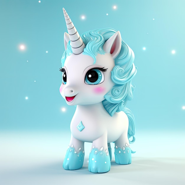 3D Illustration Cute Unicorn design on light blue pastel background