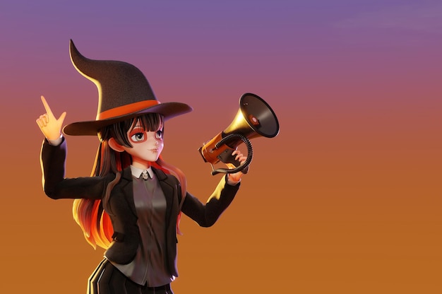 3D Illustration Cute Witch girl holding a megaphone