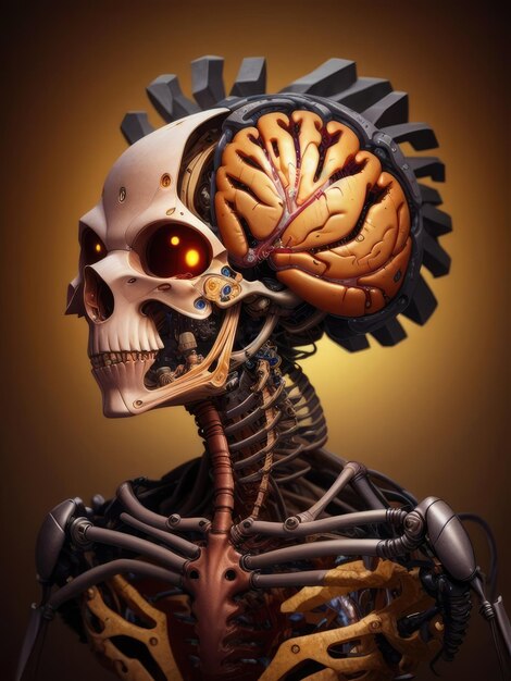 3Dイラスト サイバーネティックな頭蓋骨と脳