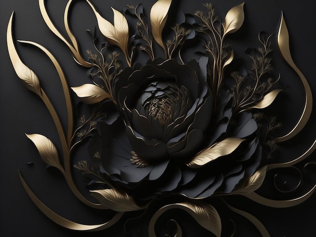 3d illustration dark black background with golden elements and floral pattern Digital art for wall decor