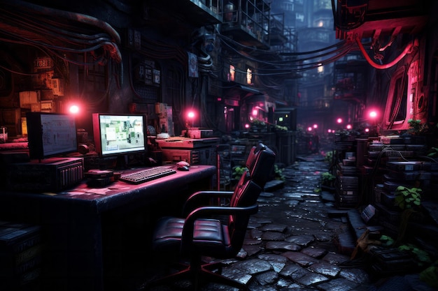 3D illustration of a dark futuristic urban street scene at night in a seedy cyberpunk city High quality photo