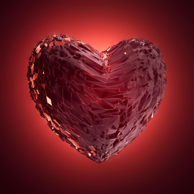 3d illustration of dark red textured heart on black background with red highlight