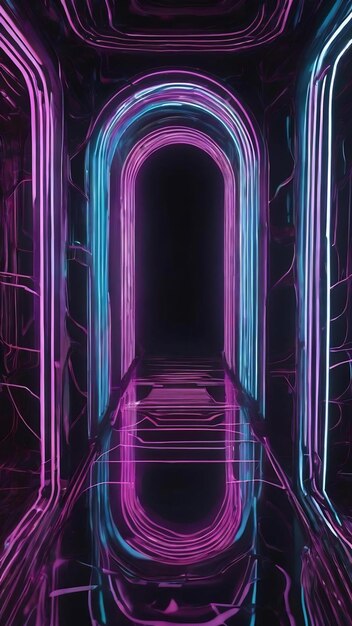 Photo 3d illustration of dark tunnel with curvy fluid lines and glowing neon lights reflected in mirrored