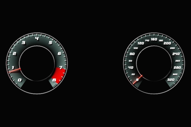 3D illustration of the dashboard of the car is illuminated by bright illumination Circle speedometer tachometer