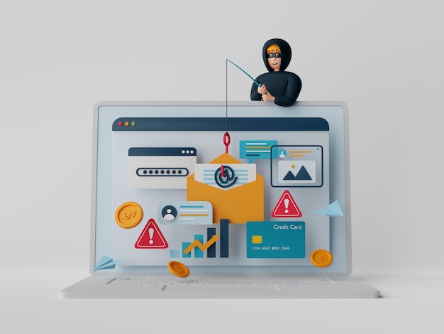 Foto illustrazione 3d del concetto di phishing dei dati hacker e criminali informatici phishing che rubano dati personali privati password e-mail e carta di credito scam online malware e phishing di password