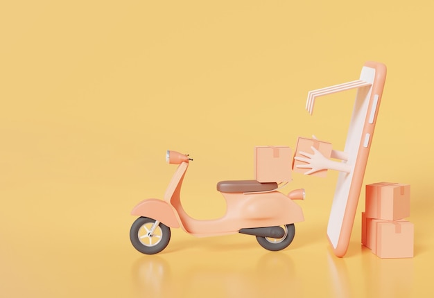 3d illustration delivery fast service concept motorcycle\
scooter home and office shipping hand holding box from smartphone\
service express trunking on soft orange pastel background\
rendering