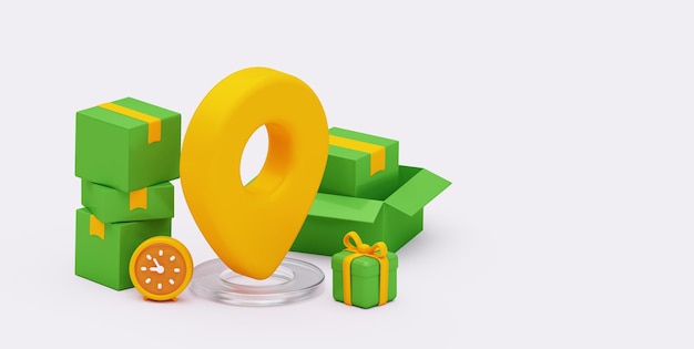 3d illustration of delivery Green boxes with a watch and a gift Closeup of the yellow geolocation