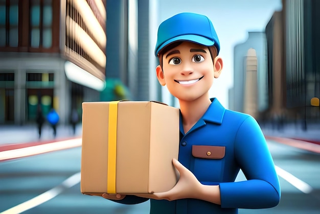 3d illustration Delivery man holding cardboard box delivery delivery services concept