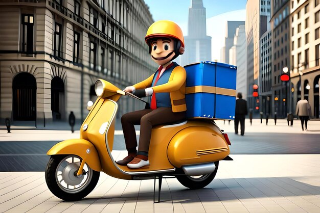 Photo 3d illustration delivery man on scooter with cardboard box delivery 3d render