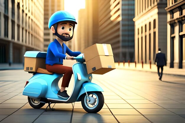 3d illustration Delivery man on scooter with cardboard box delivery 3d render