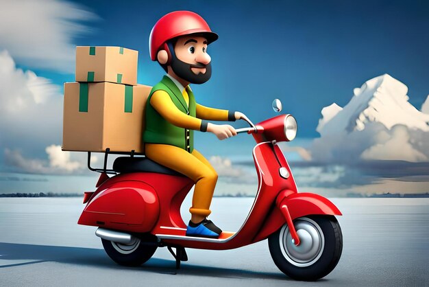 3d illustration Delivery man on scooter with cardboard box delivery 3d render
