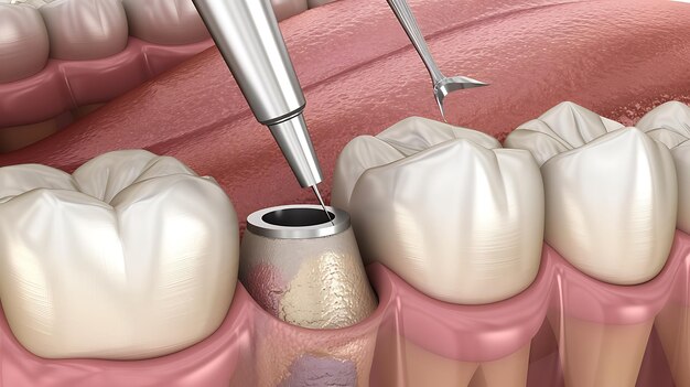 Photo 3d illustration of a dental implant being placed in the jawbone