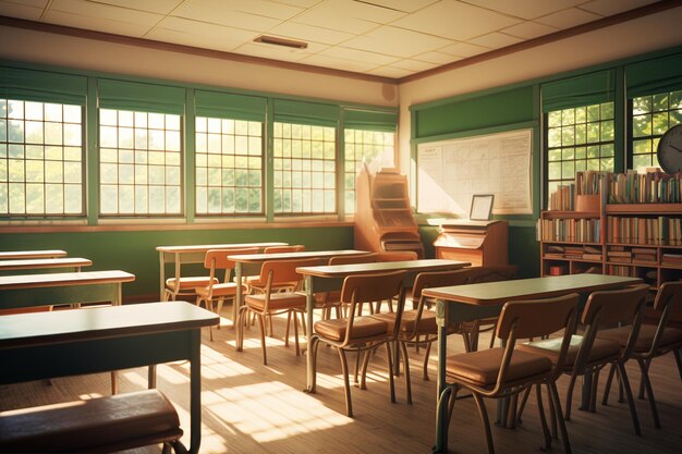 3D Illustration Depicts Classroom Filled