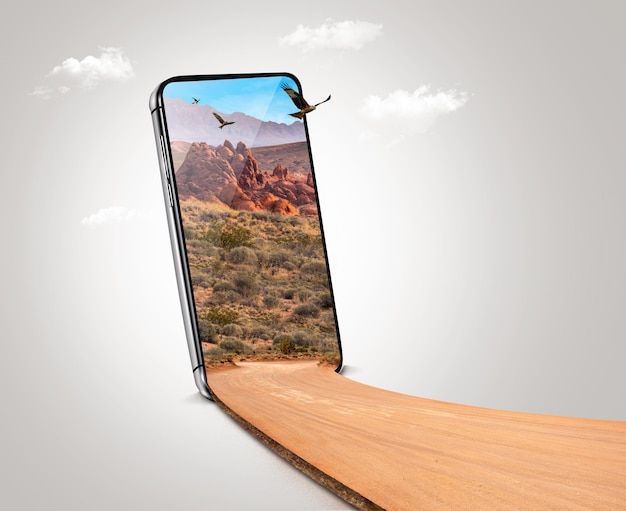 3d illustration of desert road coming out of smart phone. desert landscape view in mobile isolated.