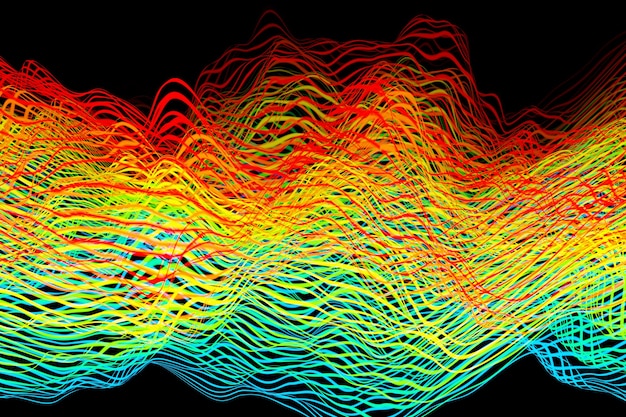 Illustrazione 3d di design colorato onda sonora digitale astratta su sfondo nero registratore audio equalizzatore di riconoscimento vocale