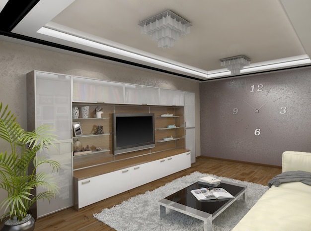 3D illustration of design of a living room in beige tones