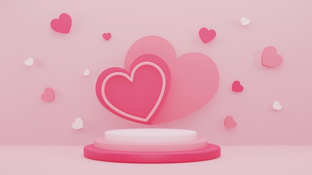 Photo 3d illustration design with pink heart background with display stand for valentine's day