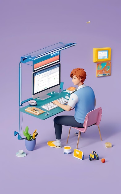 3D illustration of designer workspace with computer in home office