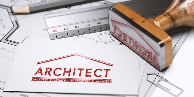 Illustrazione 3d di una scrivania con forniture per ufficio, timbro di gomma e biglietto da visita con l'architetto del testo.