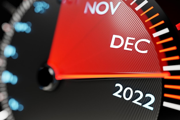 2021年の終わりと2022年の初めを示す詳細なスピードメーターのクローズアップの3Dイラスト。月、新年までの時間を数える