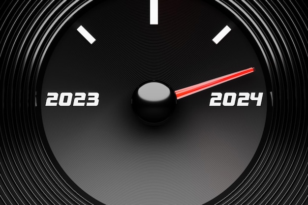 3D illustration of a detailed speedometer closeup showing the end of 2023 and the beginning of 2024 Counting months time until the new year