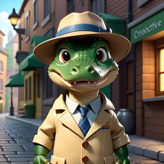 Photo 3d illustration of a detective crocodile in a hat on the street