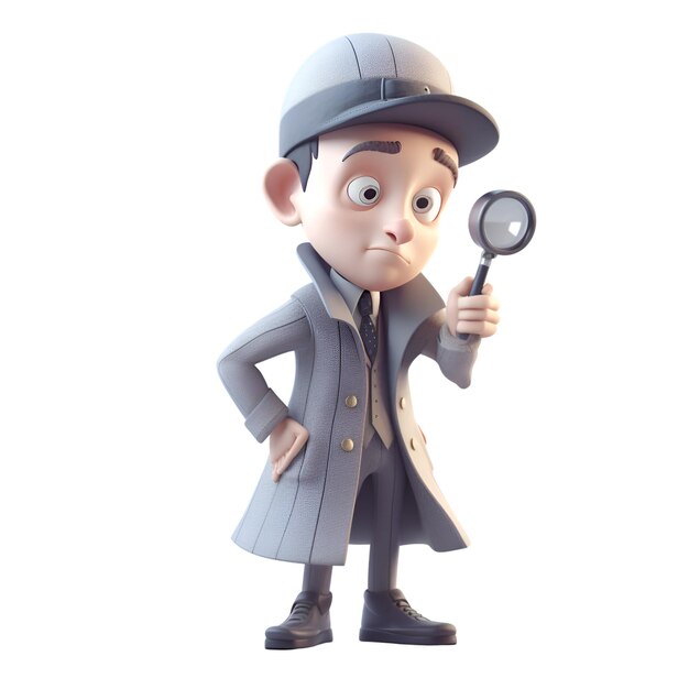 3d illustration of a detective looking through a magnifying glass