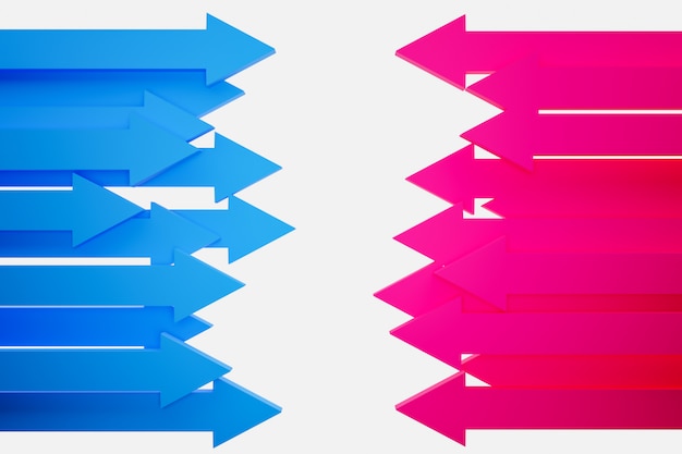 Photo 3d illustration of the different blue  and blue arrows icons. arrows showing movement on top of each other.