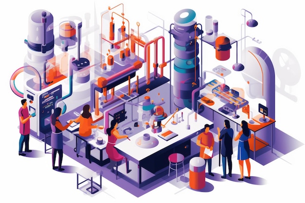 3D illustration of different people of all genders working with different tools in a laboratory