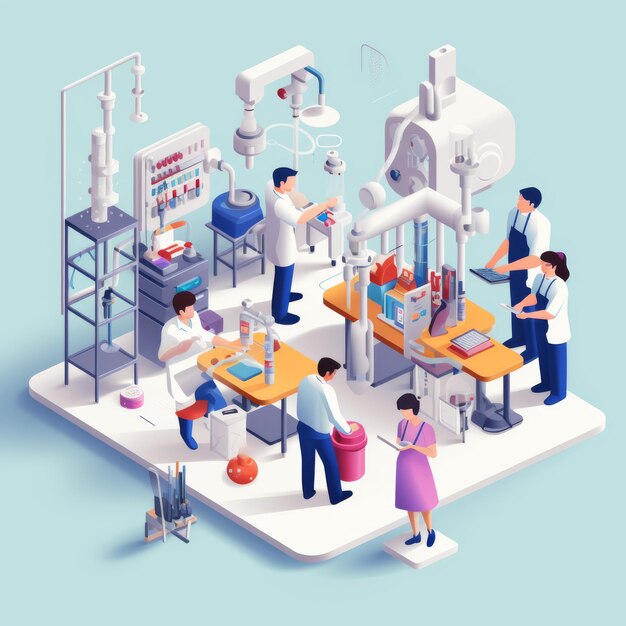 3D illustration of different people of all genders working with different tools in a laboratory