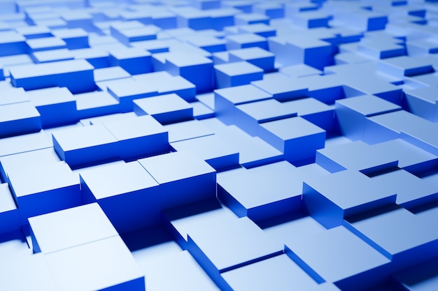 3d illustration of different rows of   blue  squares .Set of cubes on monocrome background, pattern. Geometry  background