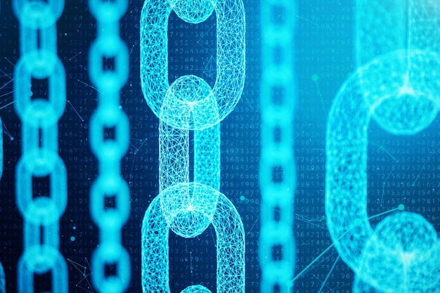 3D illustration digital block chain code. Chain links network. Low polygonal grid of triangles glowing in blue dot network, abstract background. Concept of Network, internet communication.