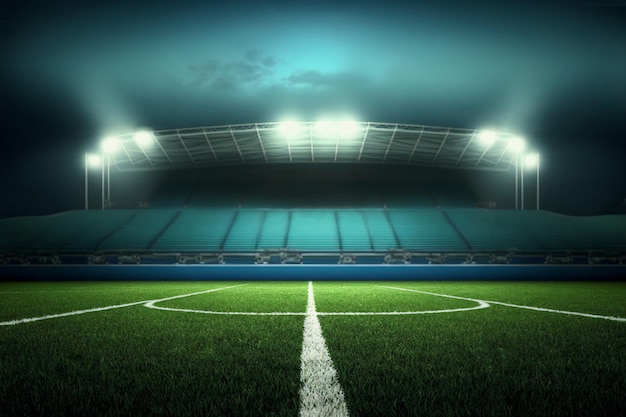 3D Illustration Digital Football stadium view illuminated by blue spotlights and empty green grass field Sport theme digital 3D background advertisement illustration design template