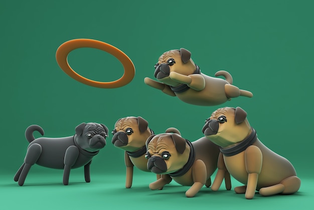 フリスビーをする3dイラスト犬